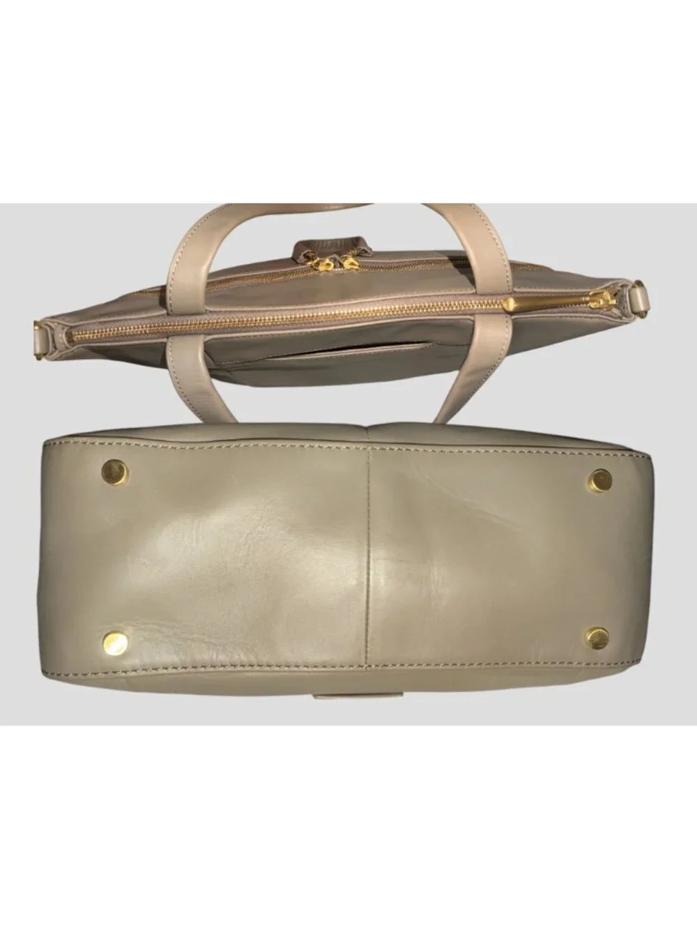 HOBO Double Zip Satchel Taupe Matte Leather Brass Shoulder Bag Detachable Strap